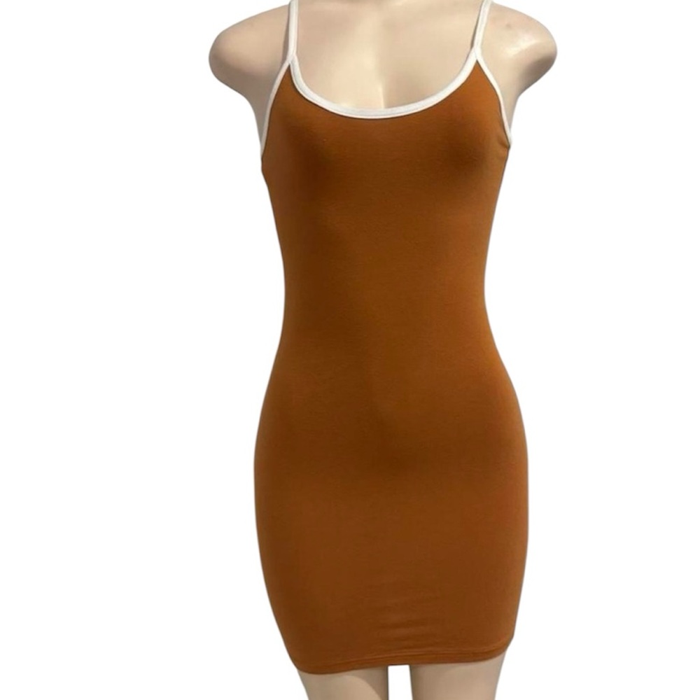 Rust Brown Sleeveless Bodycon Dress with white trim